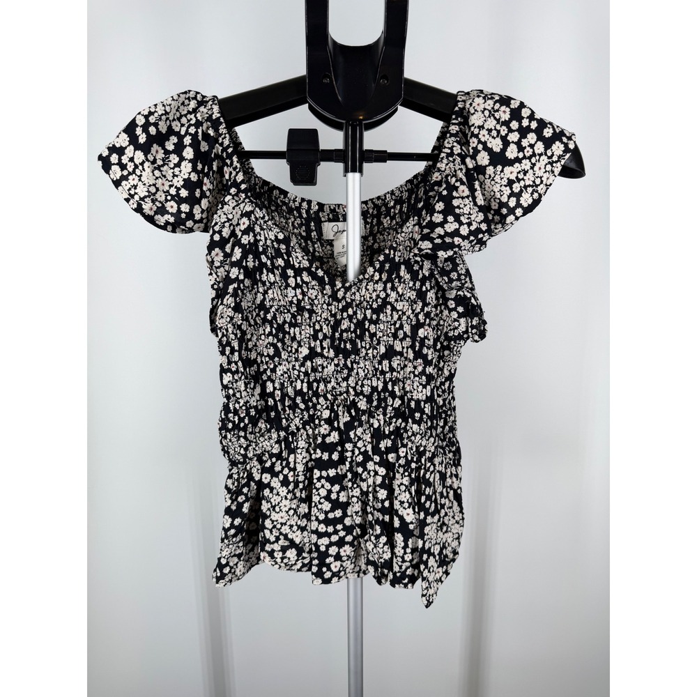 Japna Black White Daisy Floral Smocked Peplum Top Cap Sleeve‎ Square Neck S